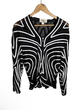 Keke Collection black & white abstract ribbon zip front mesh jacket size XL